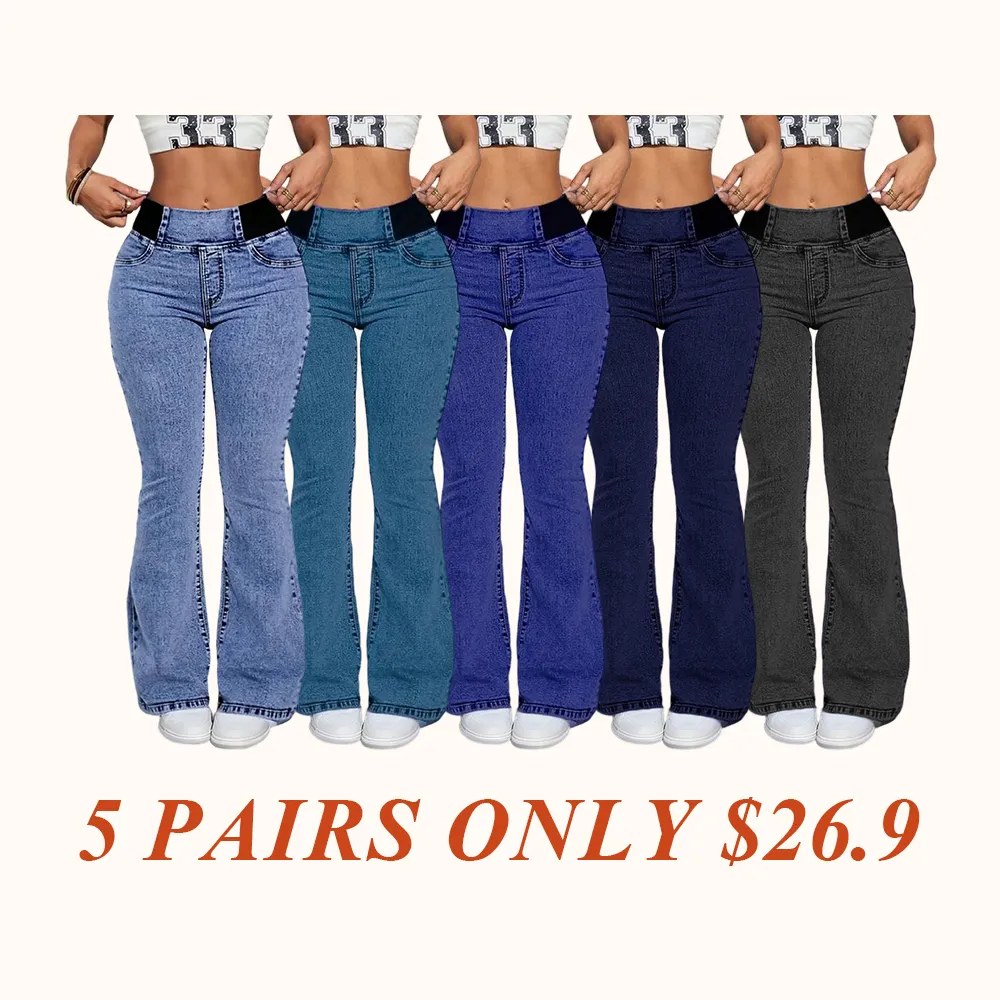Women's Back Shirred Jeans, Mid - Rise Elasticity Waist Flared Jeans