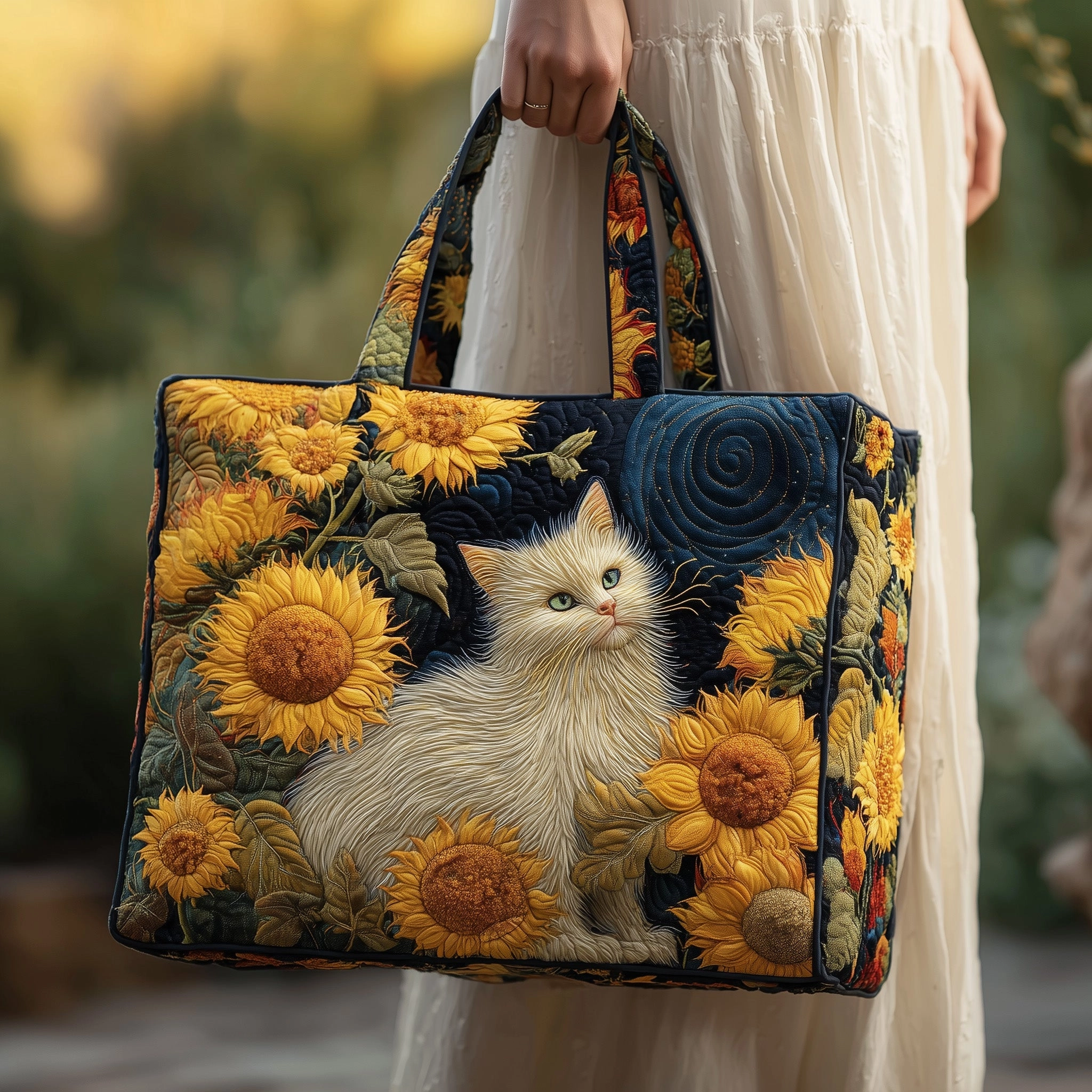 Moonlit Sunflower Cat Quilted Tote 🌻✨