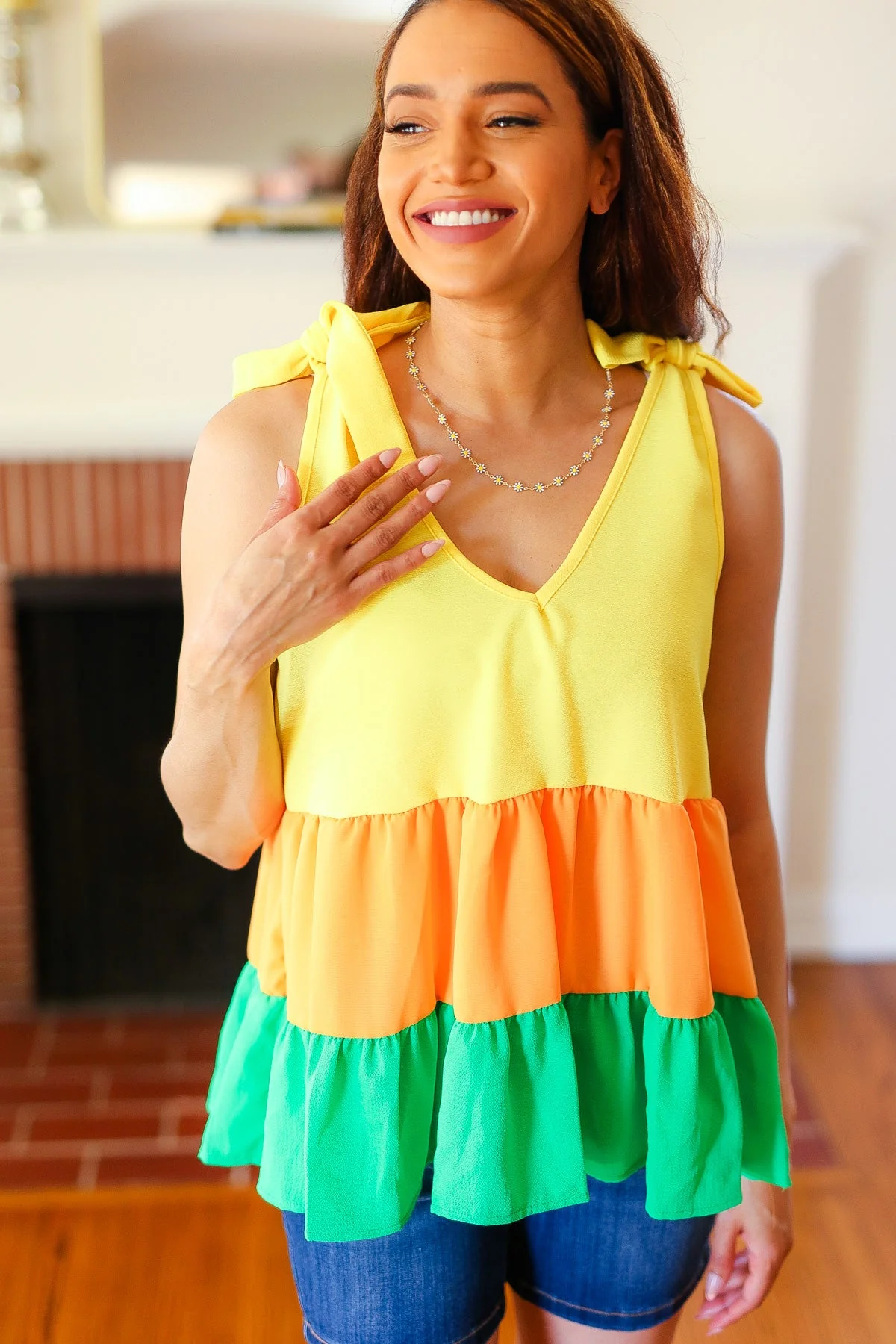 Tiered Shoulder Tie Crepe Top in Yellow & Tangerine