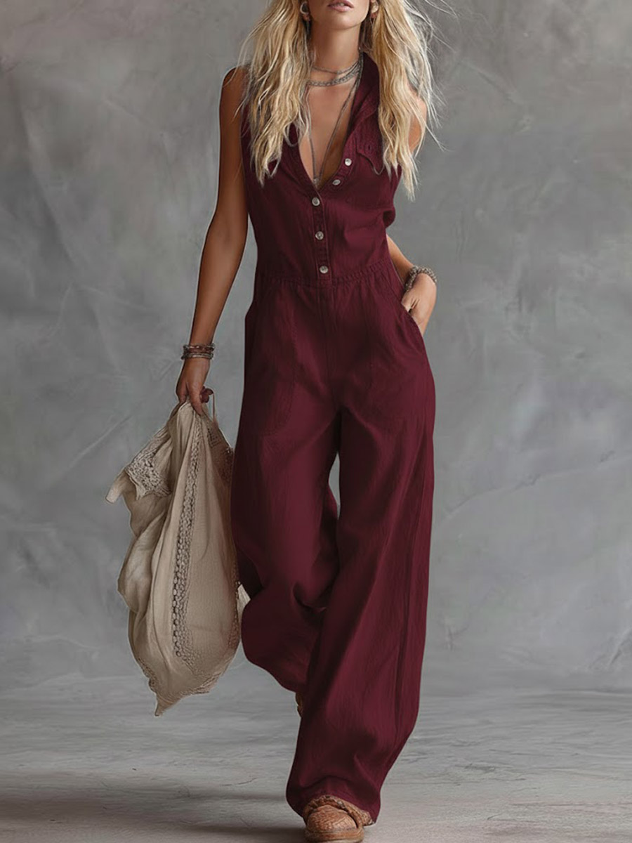 Women's Solid Color Shirt Collar Sleeveless Casual Loose Cotton And Linen Wide-leg Jumpsuit