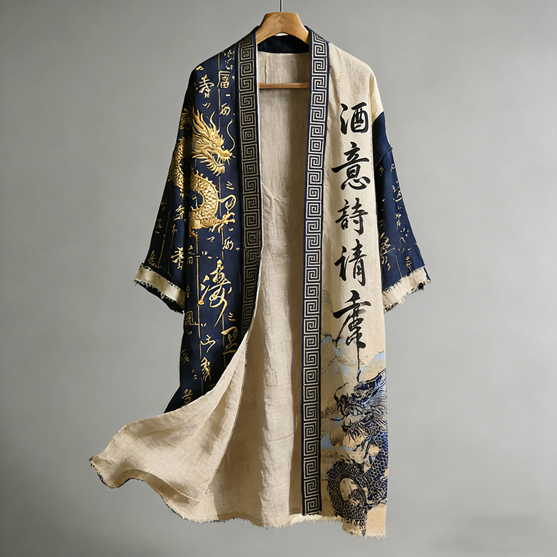 Japanese Calligraphy And Dragon Art Combined In A Linen Blend Kimono