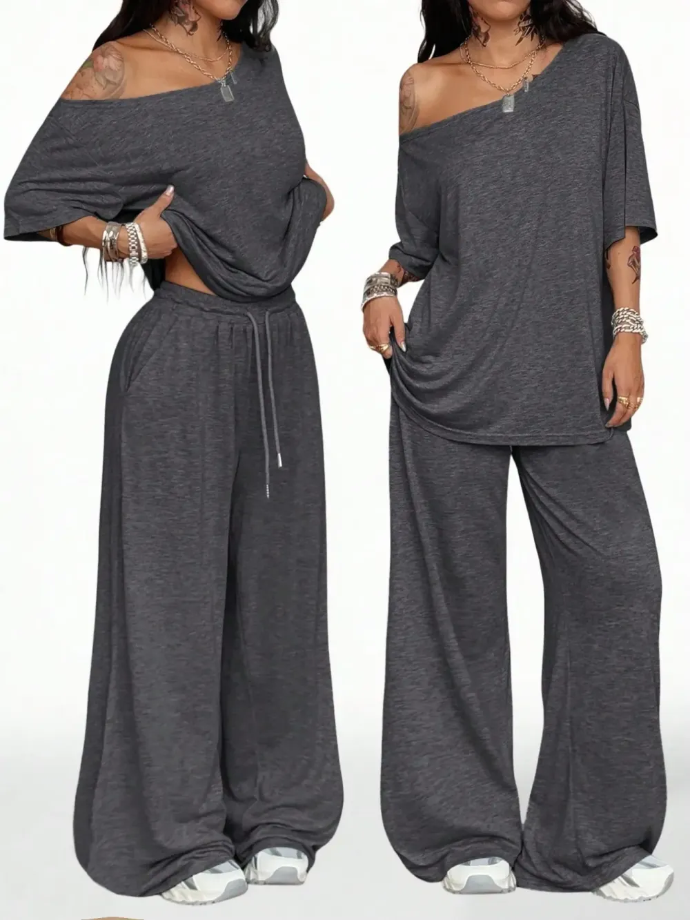 Women's Casual Solid Color Sport Two-Piece Set, Loose Long Pants & Wide Leg Slant Neck Pant Suit