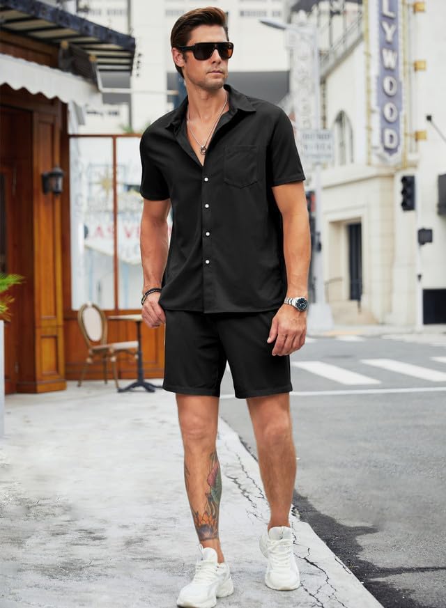 Men's 2 Piece Outfits Casual Button Down Short Sleeve Shirts Shorts Summer Beach Sets