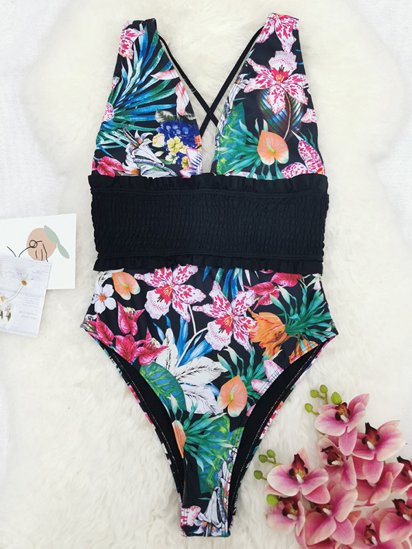 Floral Printed Ruffled V-Neck One-Piece Swimwear