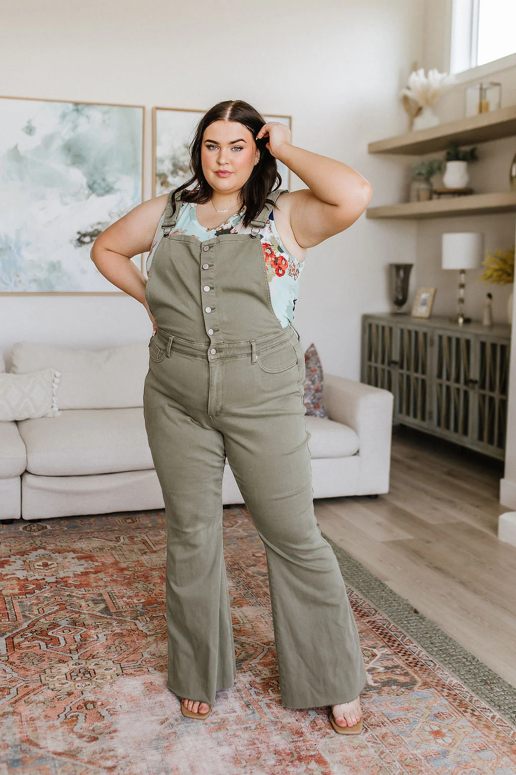 Blue Olivia Control Top Release Hem Overalls in Olive