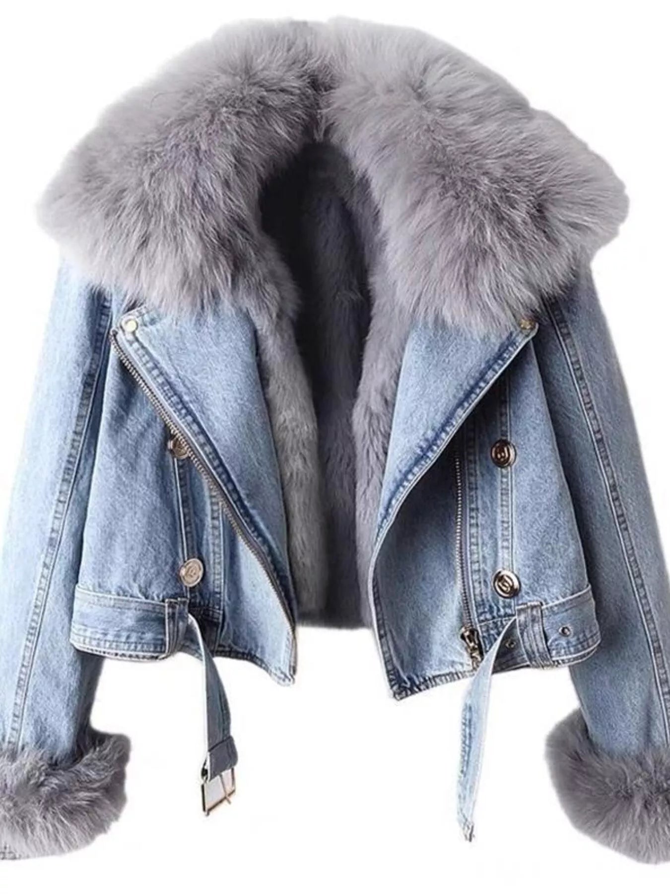 Full Size Faux Fur Collar Denim Jacket Plus Size
