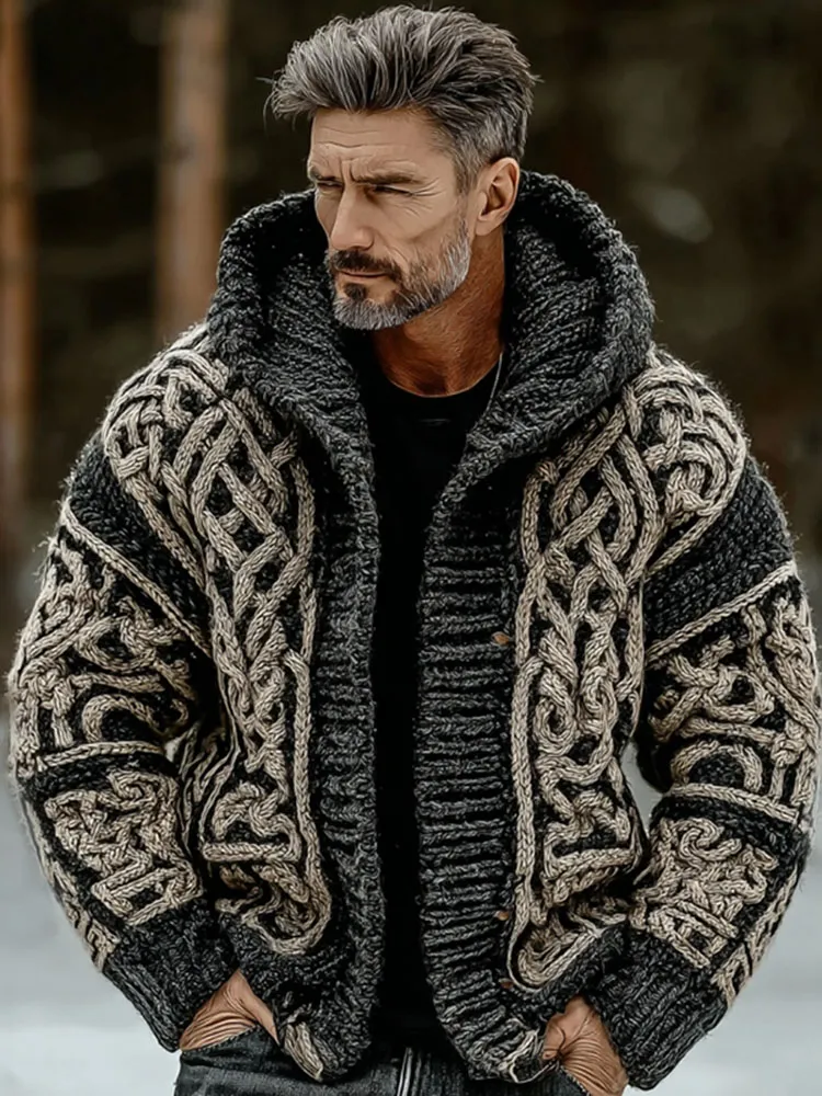 Men's Vintage Viking Celtic Knot Art Zip-up Chunky Knit Hooded Cardigan