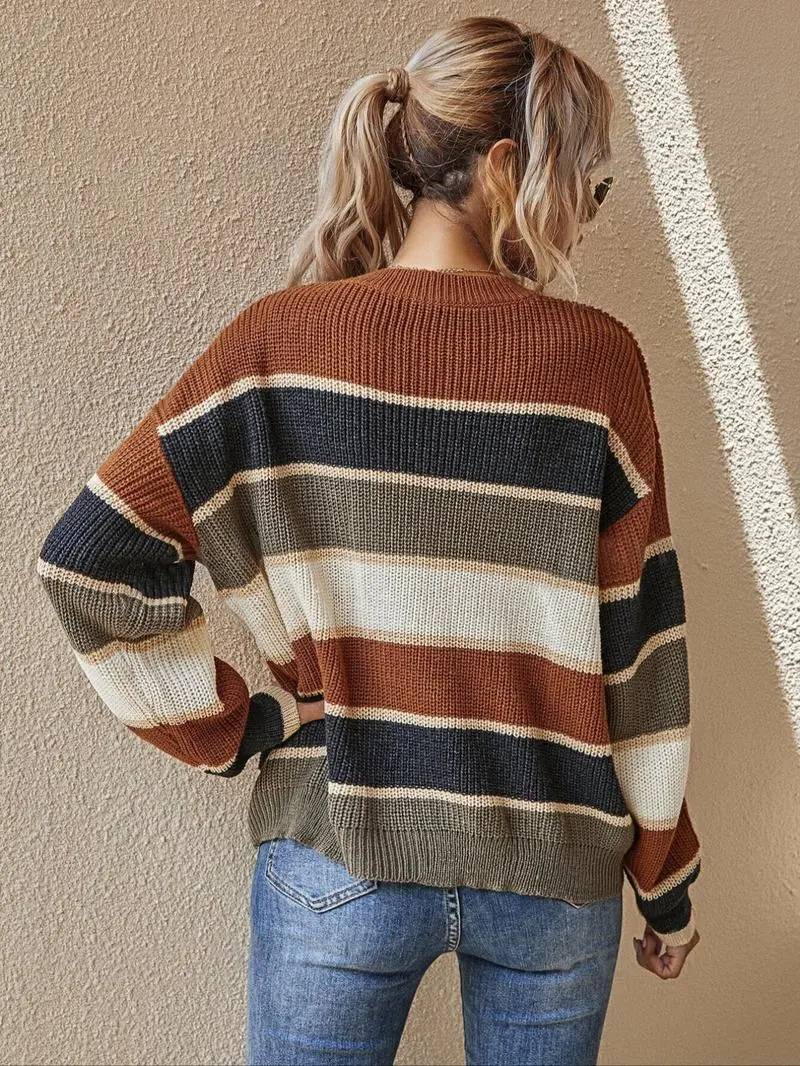 Women's Colorblock Striped Print Drop Shoulder Sweater